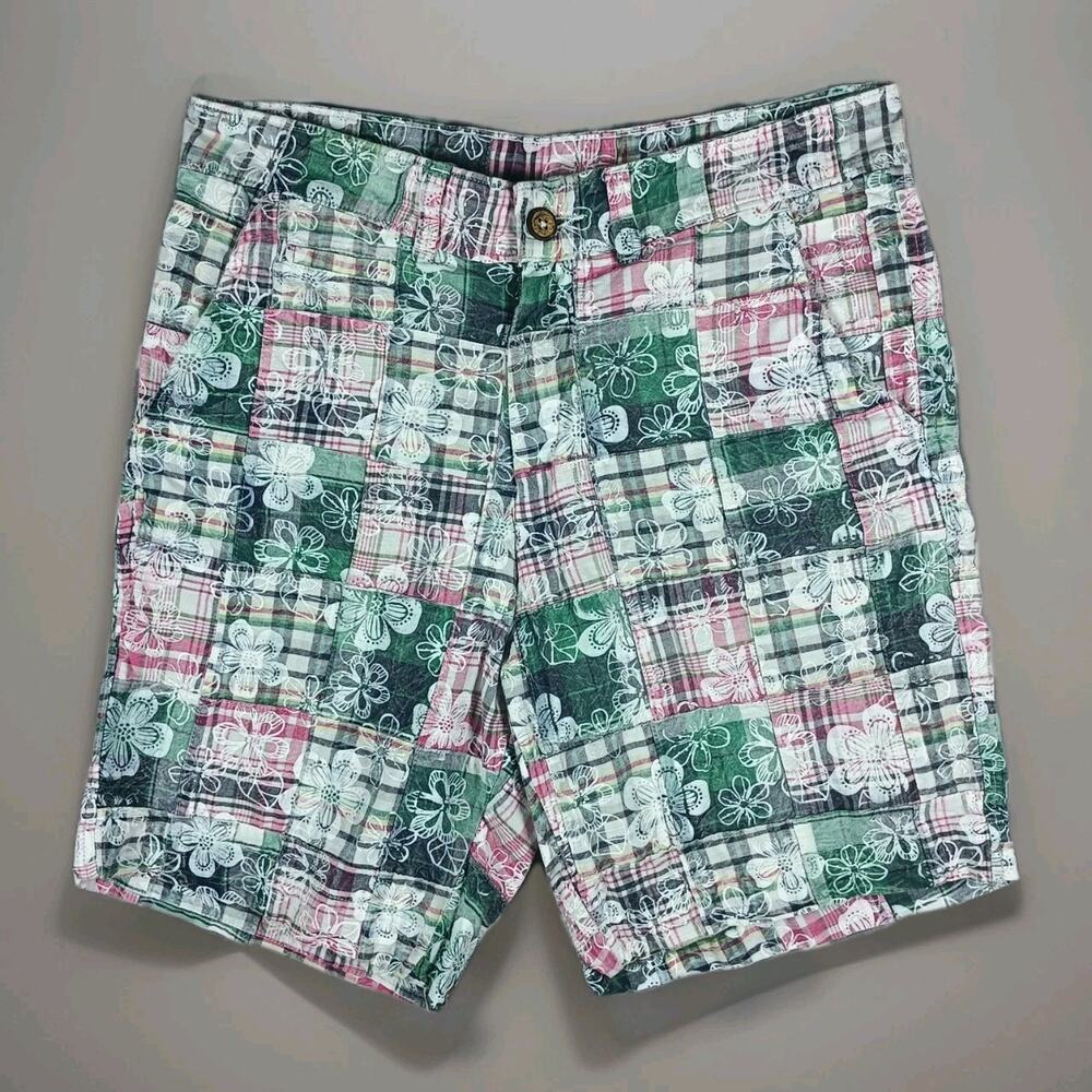Charleston Threads Madras Patchwok Plaid Shorts Men 34 Flat Front